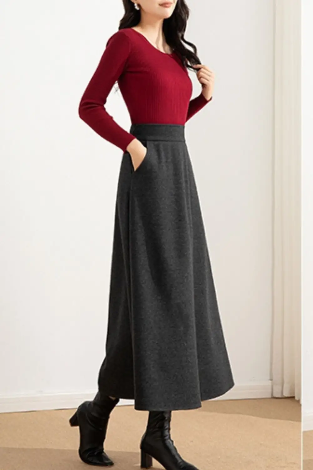 Checkered Wool Blend A Line High Waist Skirt