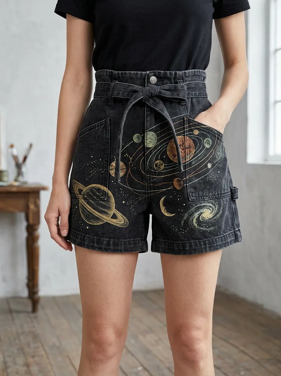 Women's Relaxed Astronomy Lover Solar System Printed Denim Shorts