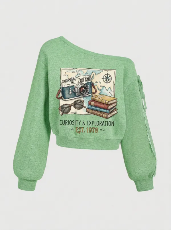 Women's Travel-Inspired Camera Map Books Printed Off-Shoulder Sweatshirt