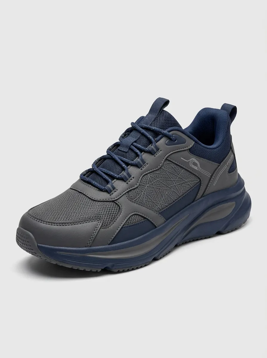 Men's Navy Geometric Pattern Navy Grey Athletic Sneakers