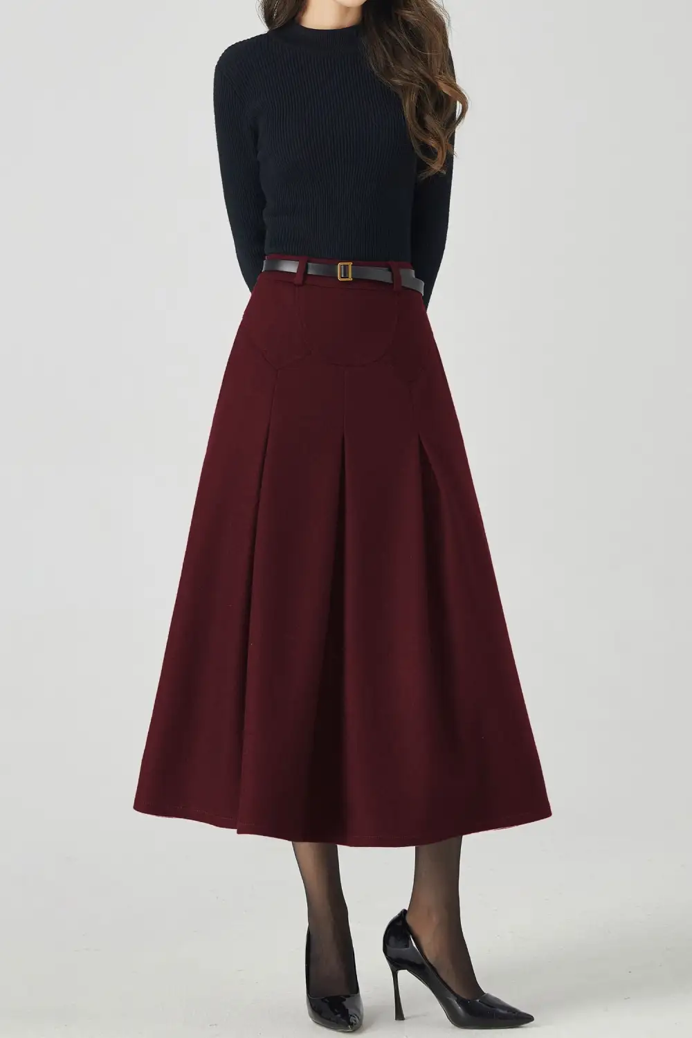 Artful Wool Blend Pleated A Line High Waist Midi Skirt