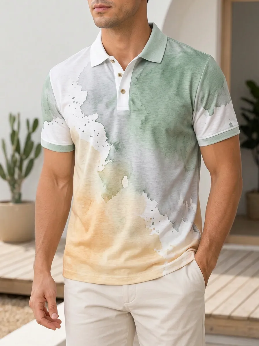 Men's Casual Style Watercolor Gradient Printed Polo Shirt