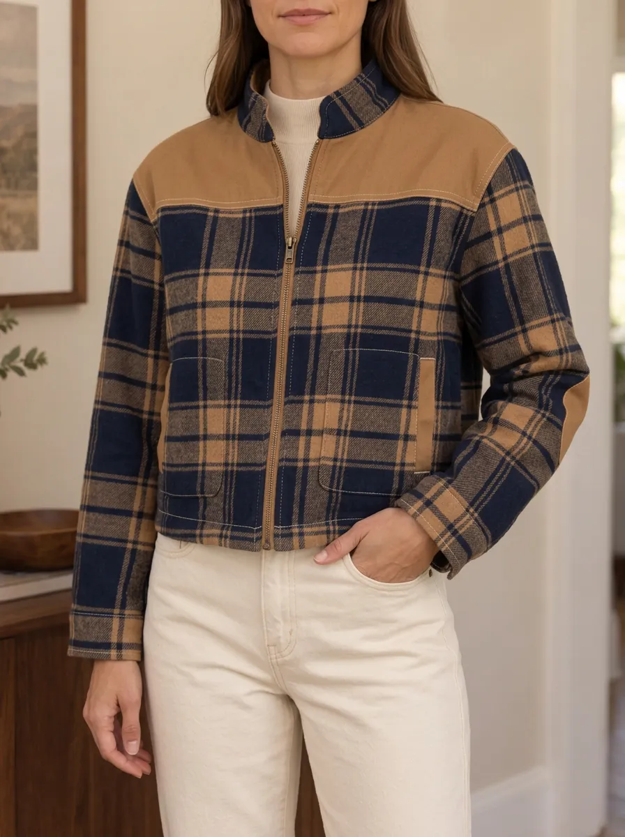Women's Textured Refined Plaid Stand Collar Cropped Jacket