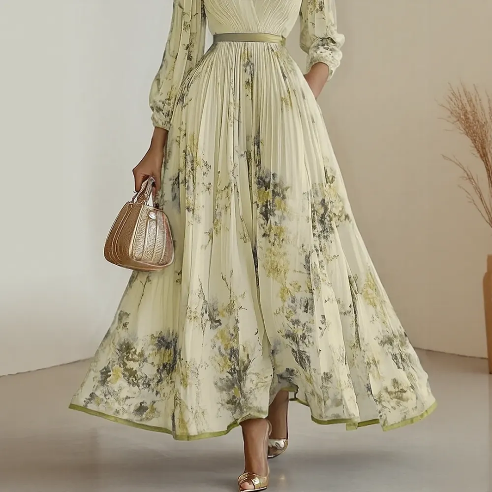  Pleated V Neck Maxi Dress