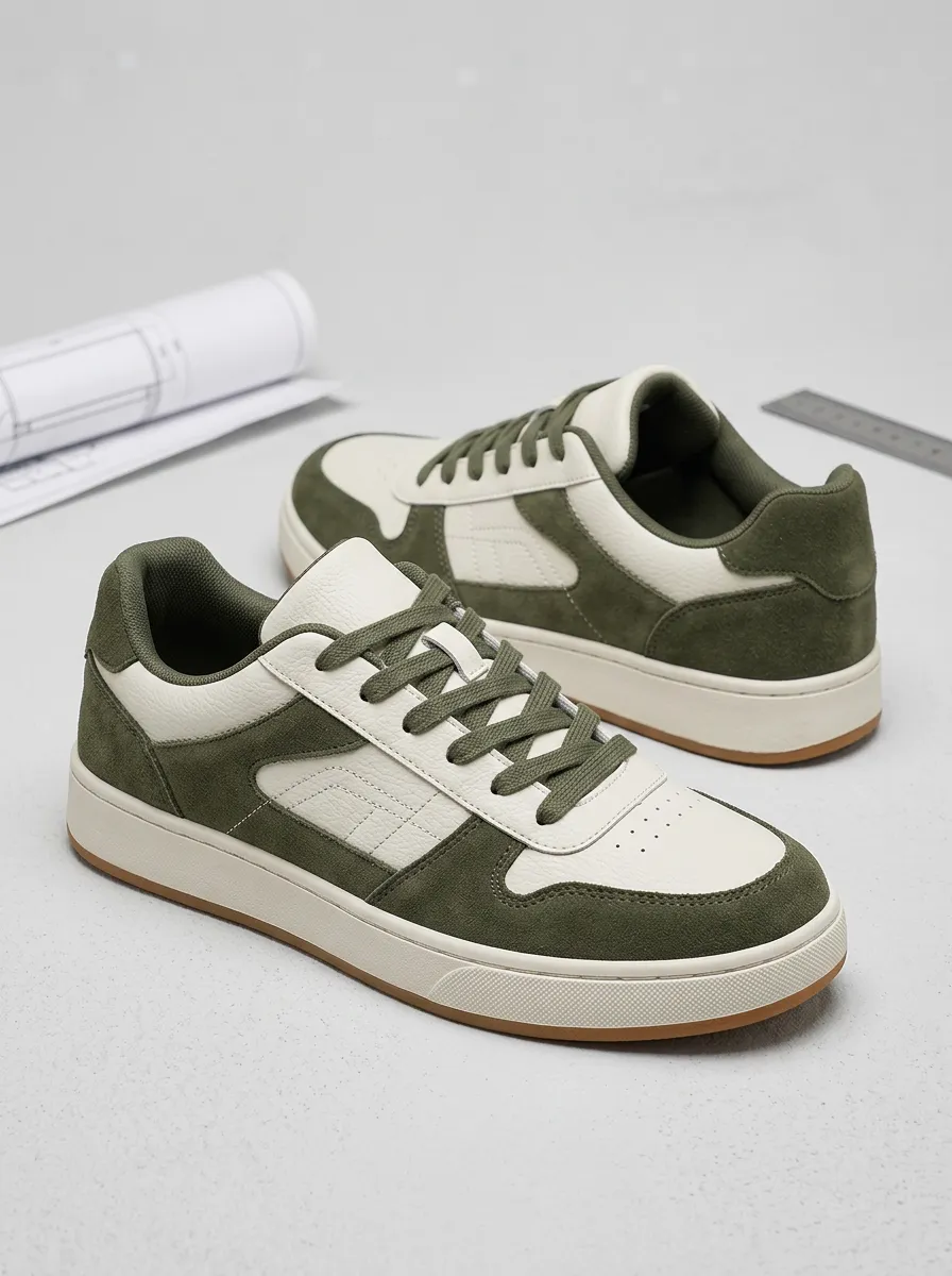 Men's Olive Green Suede Leather Casual Printed Sneakers