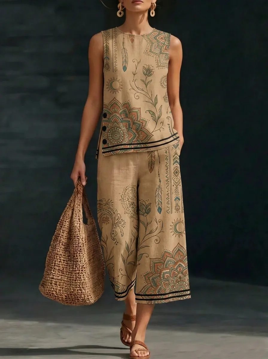 Women's Boho Mandala Feather Printed Sleeveless Set