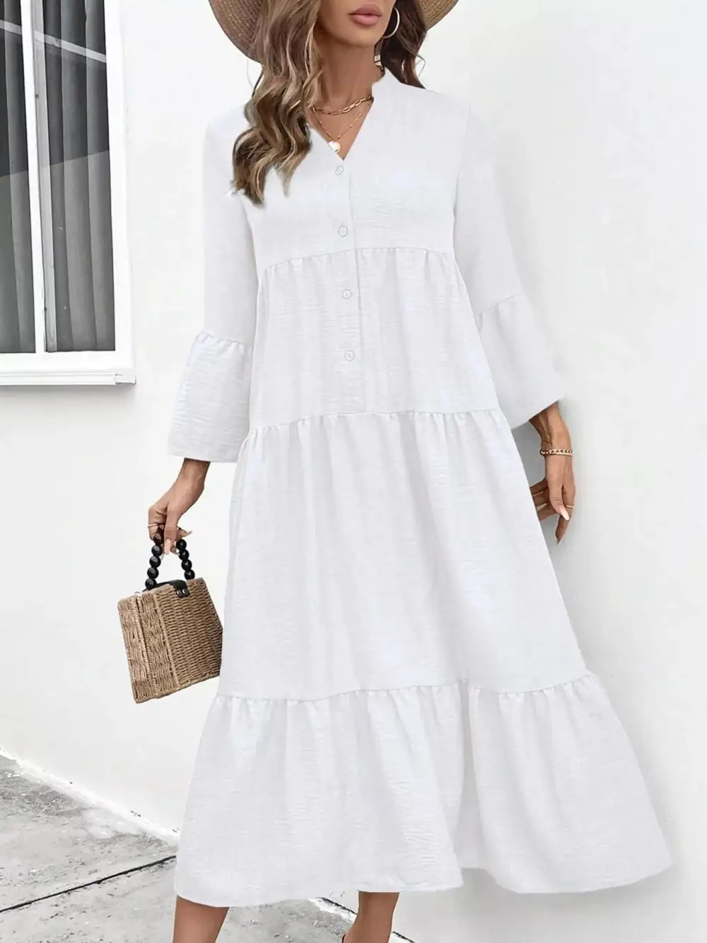 Button Front Ruffle Tiered Dress Casual