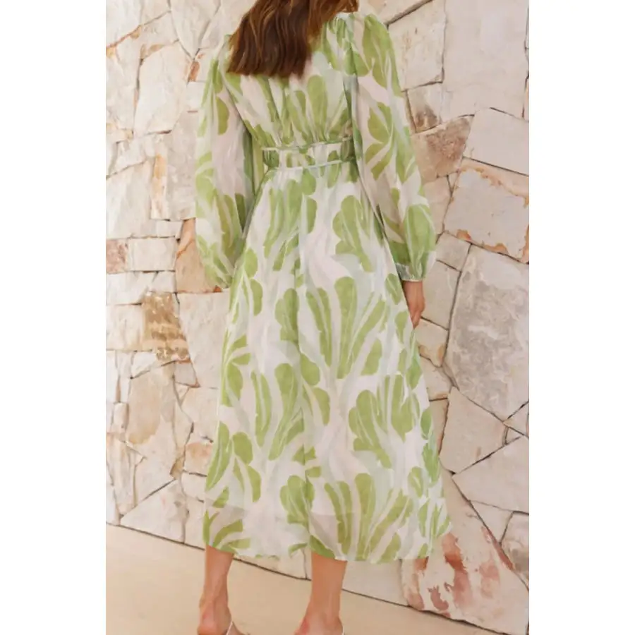 Printed V-neck Long Sleeve Midi Dress