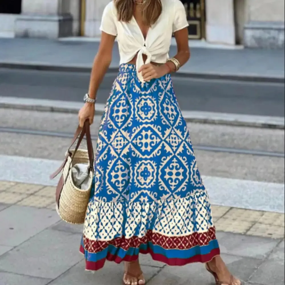  Boho Geometric Print Tiered Maxi Skirt
