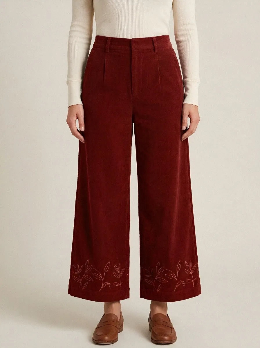 Women's Ribbed Embroidered Leaf Wide-Leg Corduroy Pants