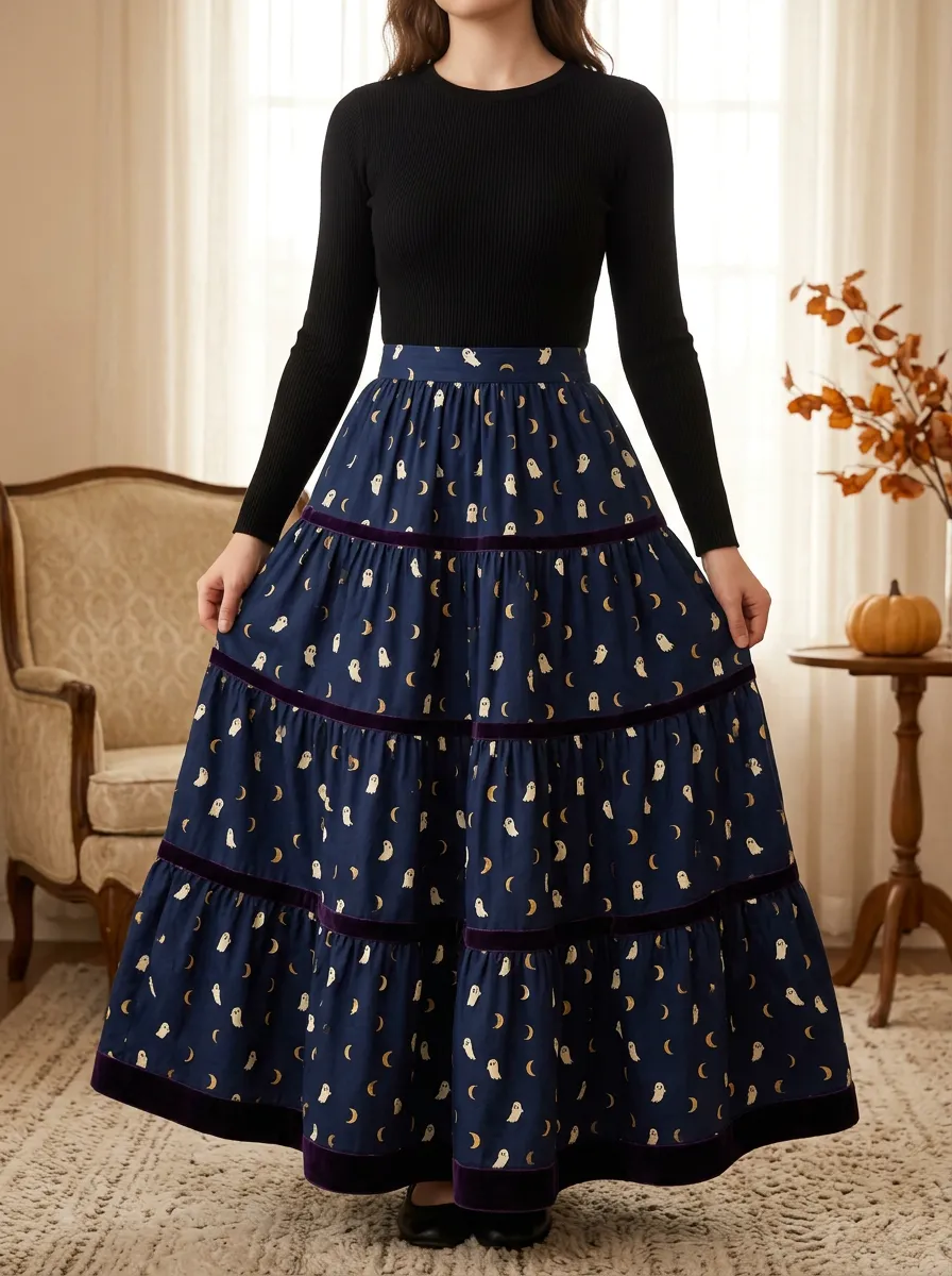 Women's Halloween Ghost Moon Tiered Maxi Skirt