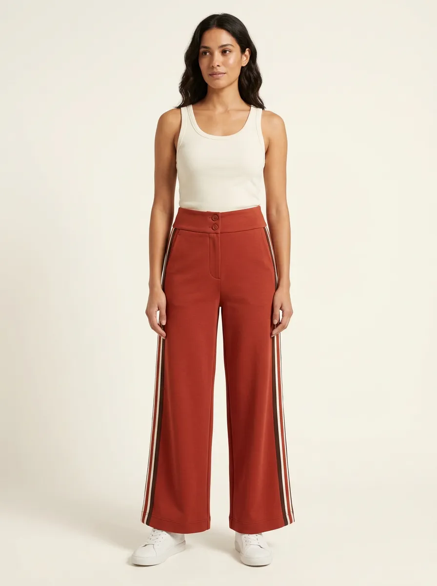 Women's High-Rise Double-Button Pocket-Free Side-Stripe Wide-Leg Trousers