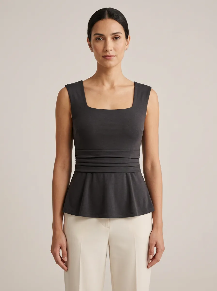 Peplum Square-Neck Waist-Ruched Peplum Top