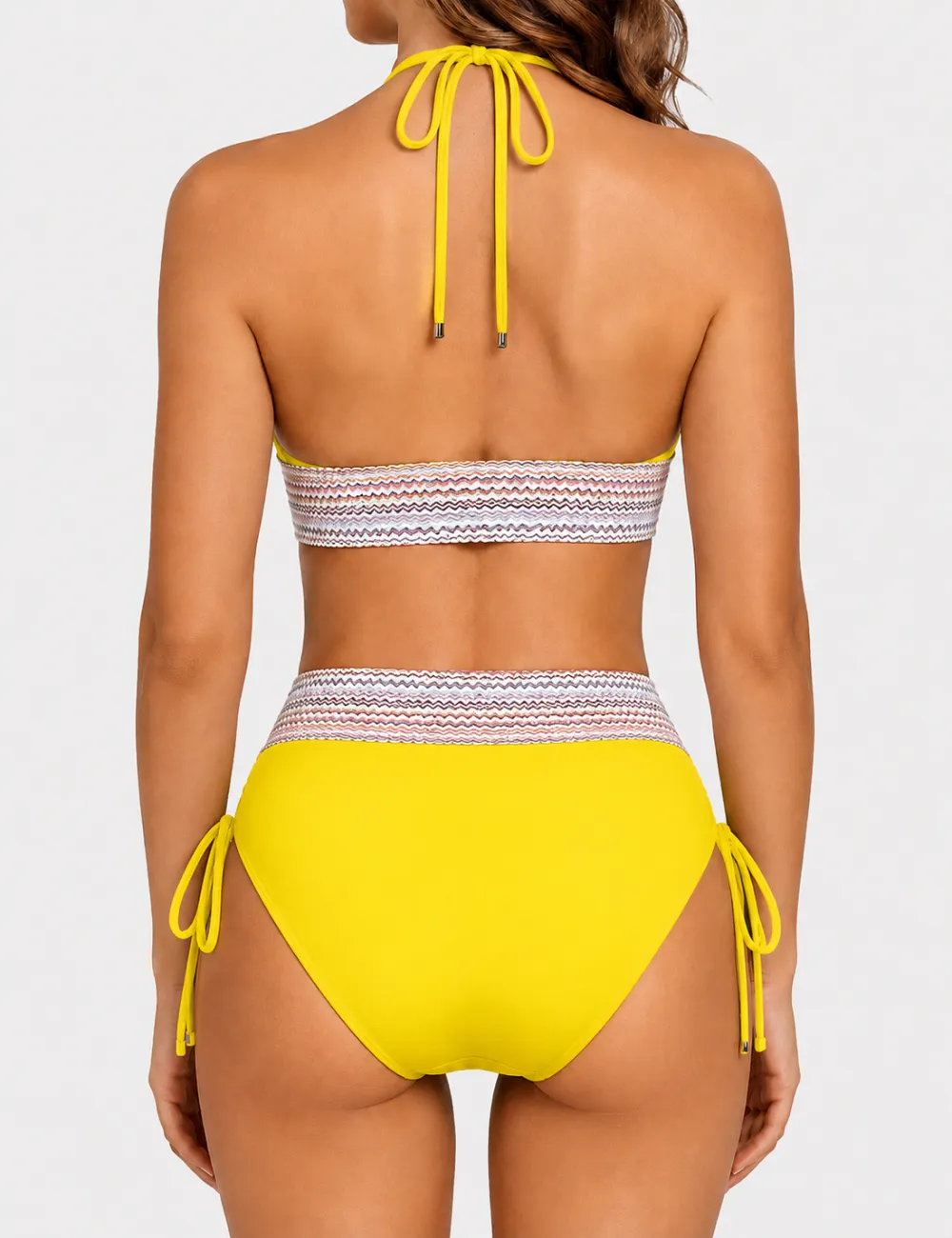 Deep V Neck Colorful Zigzag Smocked Trim Bikini Set