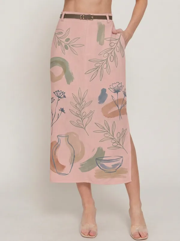Women's Boho Botanical Vase Abstract Printed Midi Skirt