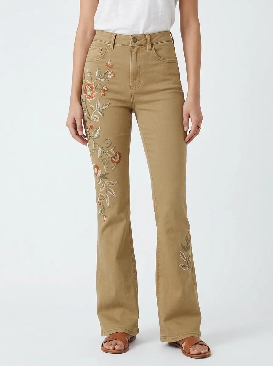 Women's Light Wash Floral Embroidered Flare Jeans