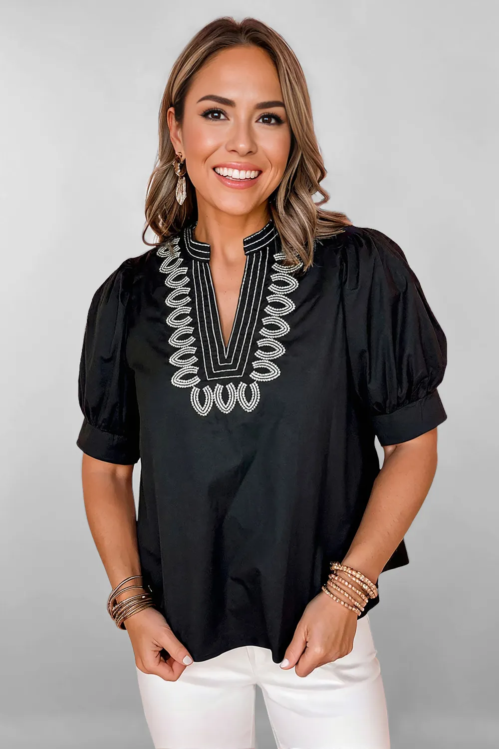 Black Short Puff Sleeve Contrast Blouse