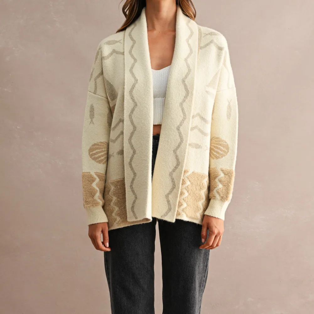 Open Front Ribbed Oversized Seashell Detail Cardigan