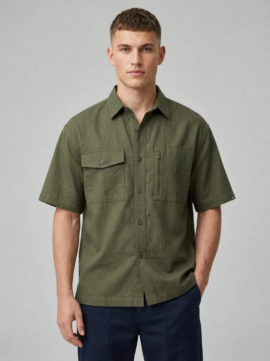 Men's Olive Utility Short-Sleeve Button-Down Shirt - Design B