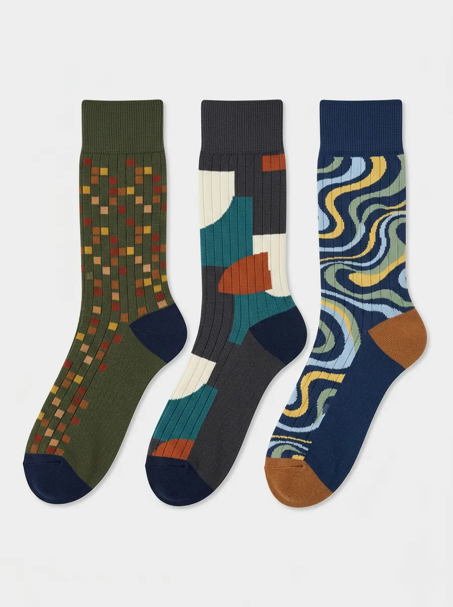 Men's Wave Pattern Abstract Motifs Crew Sock Trio