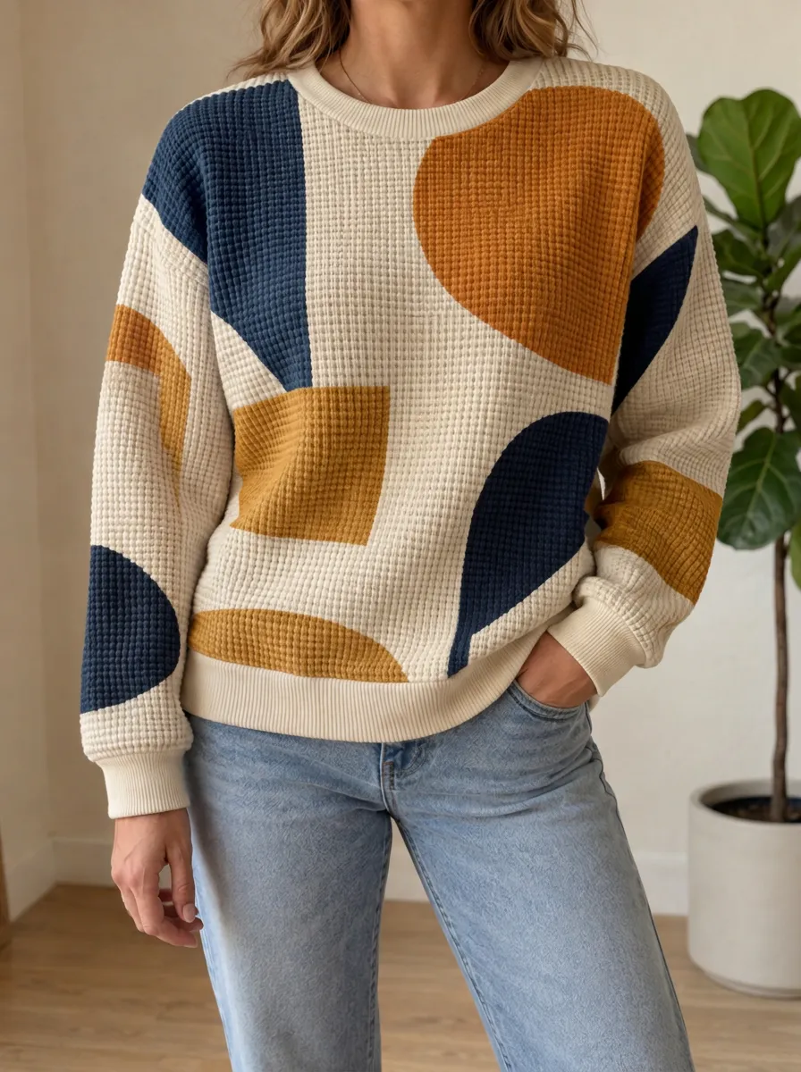 Women's Abstract Geometric Pattern Waffle Knit Art-Inspired Crewneck Sweatshirt