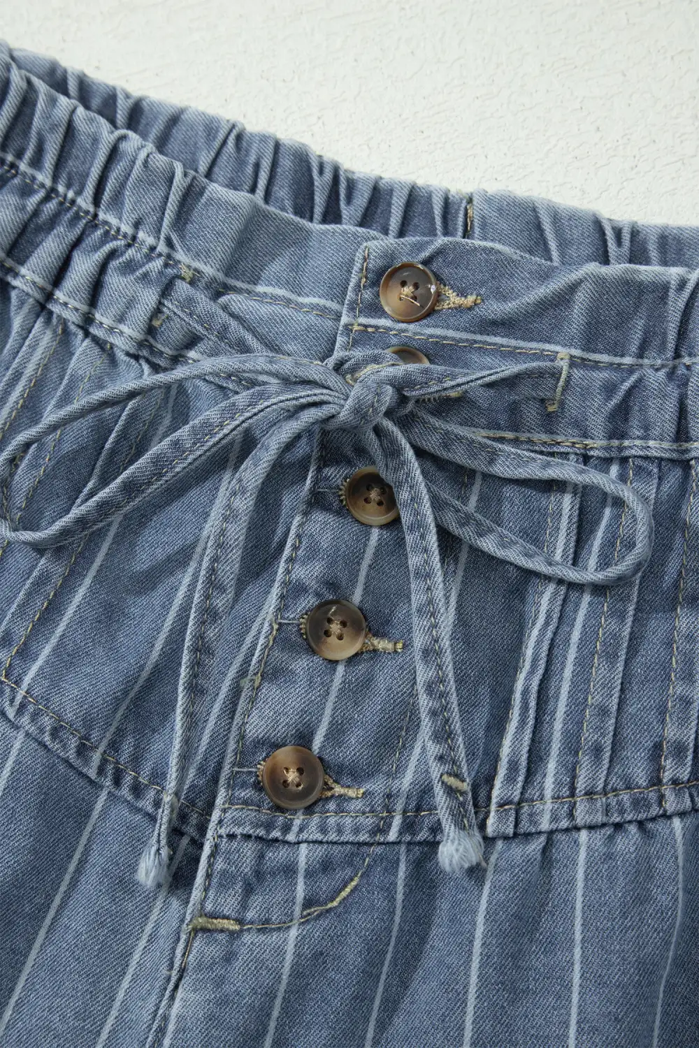High-Waist Drawstring Pleated Striped Denim Shorts
