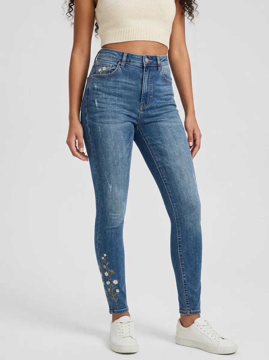 Women's Floral Daisy Embroidered Graphic Slim Jeans