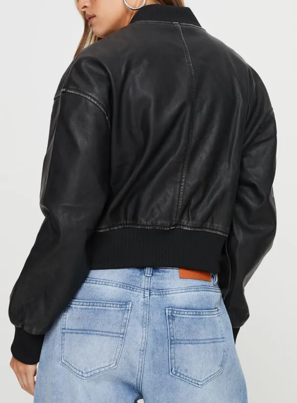 Women’s Faux Leather Cropped Bomber Jacket