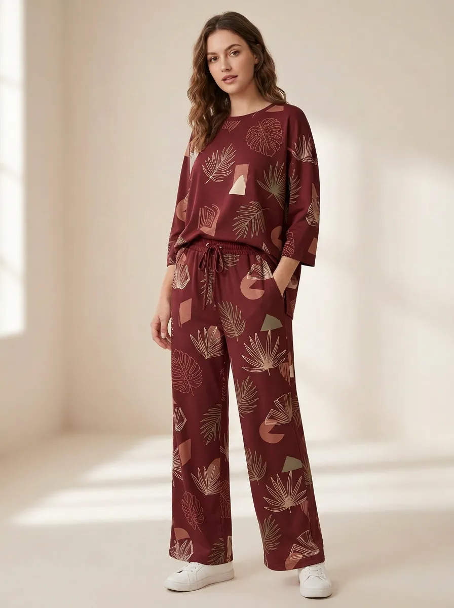Women's Botanical Geometric Print Three-Quarter-Sleeve Top And Drawstring Straight-Leg Trouser Lounge Set