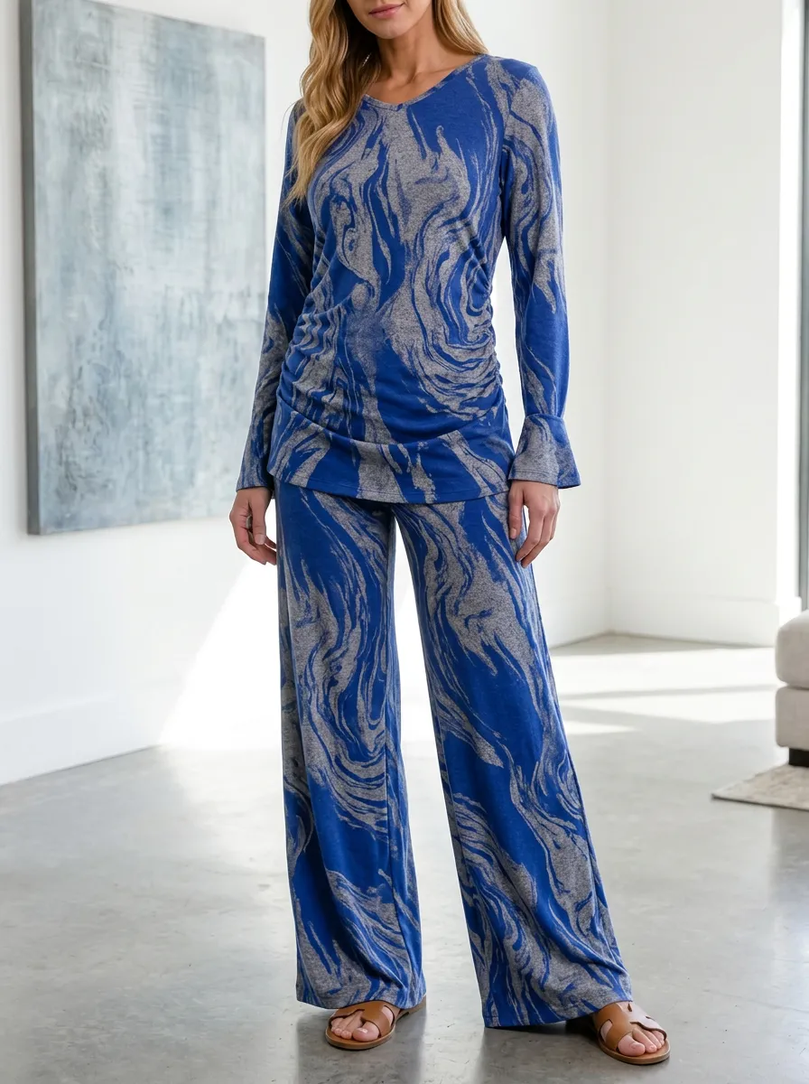 Women's Softline Lounge Marble Patterned Long Sleeve Wide Leg Pants Set