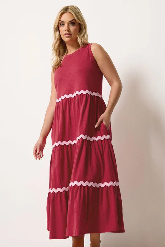 Red Swirl Trim Tiered Maxi Dress detail 1