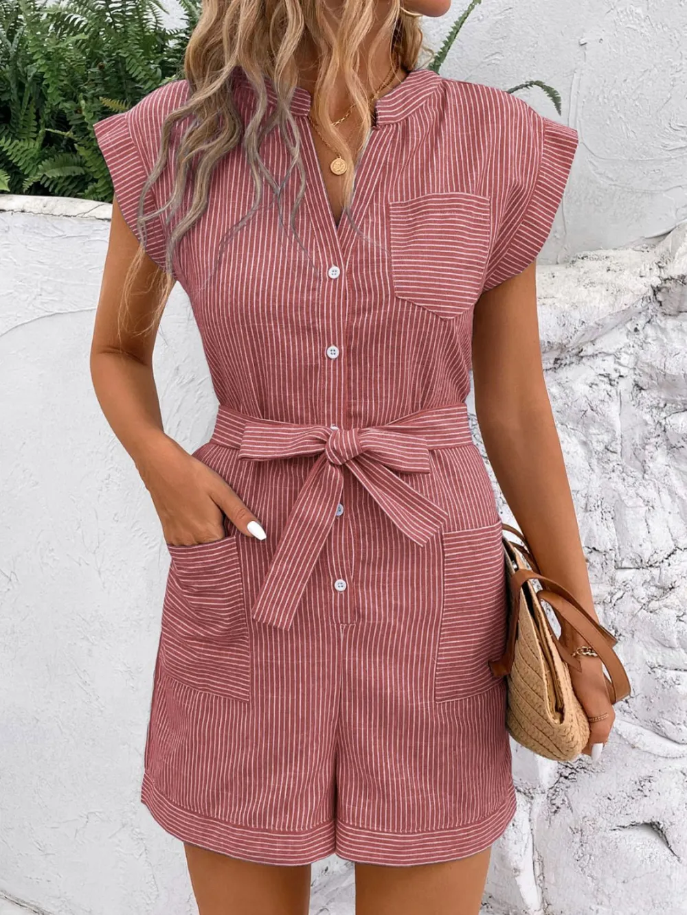 Notched Tie Waist Romper