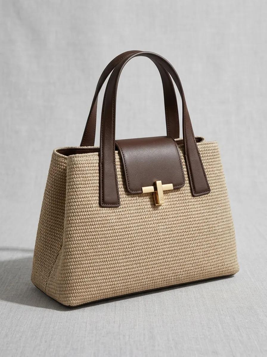 Woven Top-Handle Leather-Trim-Look Women's Tote Bag