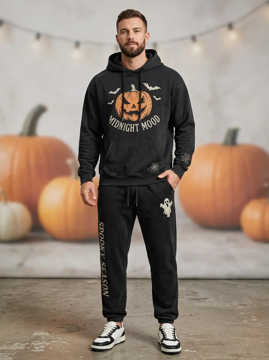 Men's Halloween Black Midnight Mood Pumpkin Ghost Kangaroo-Pocket Hoodie Jogger Set