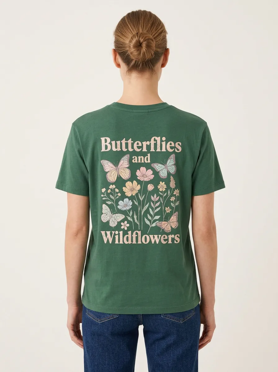 Women's Butterfly Wildflower Back Graphic Crewneck T-Shirt