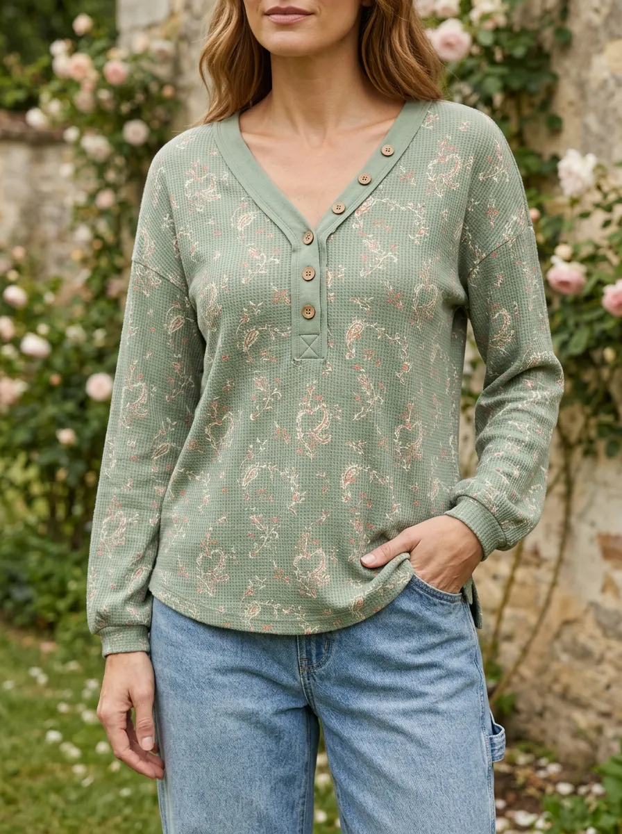 Women's Floral Paisley Waffle Knit Printed Henley Shirt