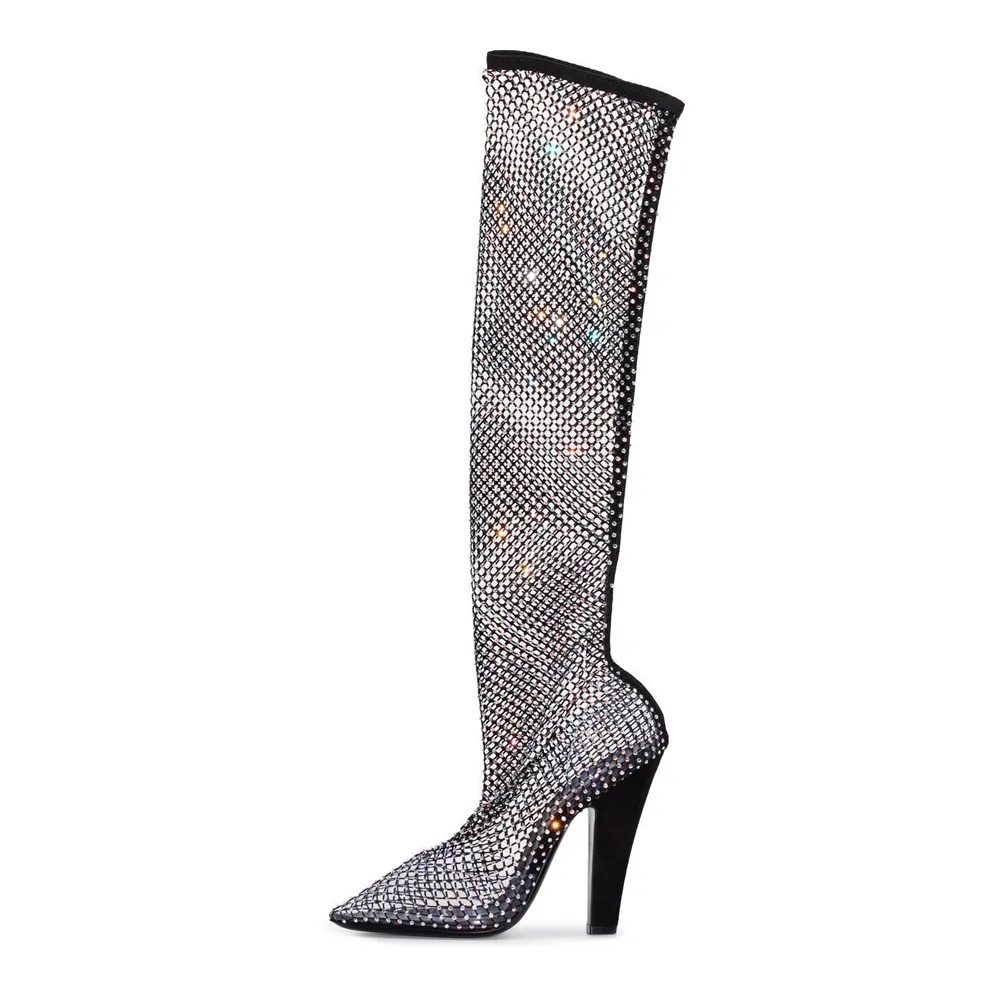 Fishnet Mesh Rhinestone Pointed-Toe Over-the-Knee Boots