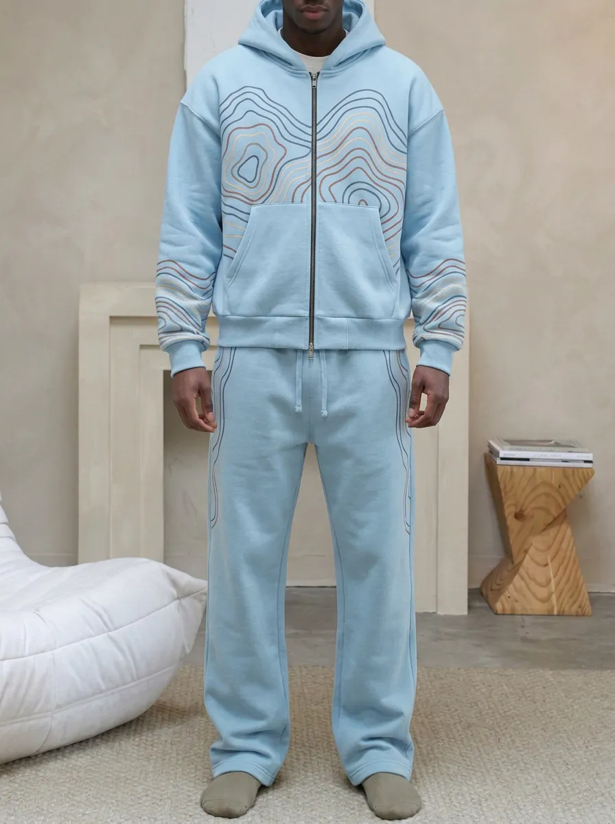 Men's Outdoor Enthusiast Topographic Line Printed Hooded Tracksuit