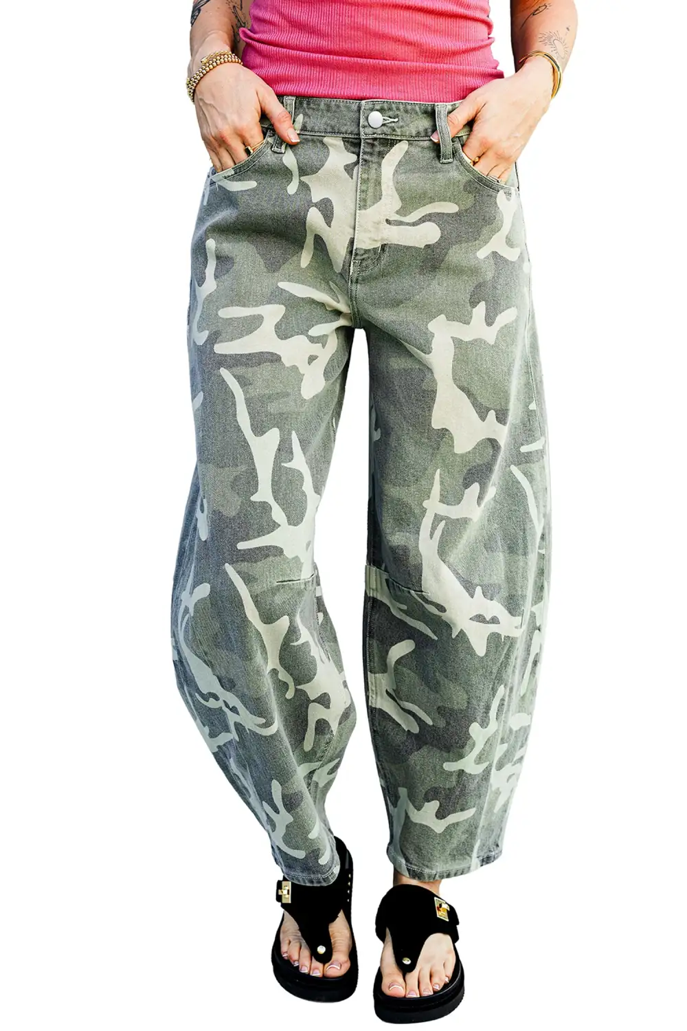 Women's Camo Print Button Fly Straight Leg Ankle Length Jeans