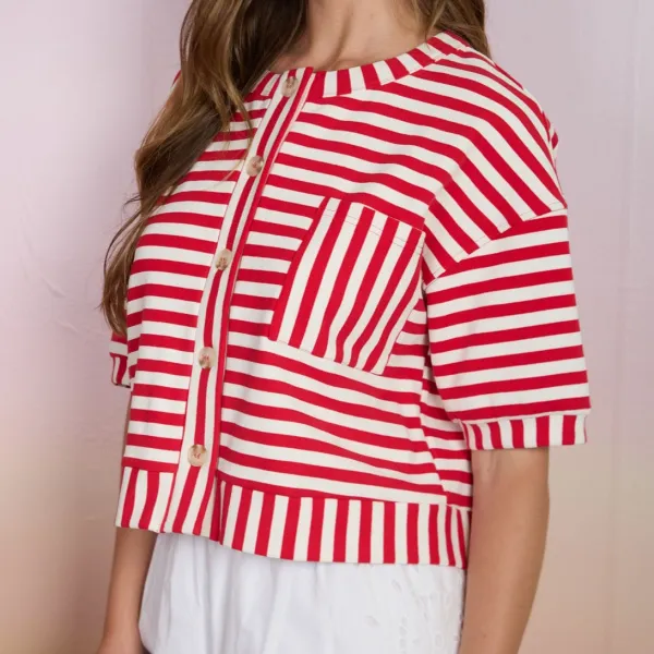 Relaxed Button Front Stripe Top