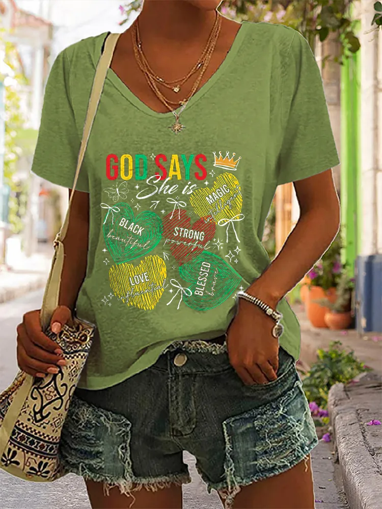 Women's God Says Black Strong Magic Love Blessed V-Neck Short-Sleeved T-Shirt
