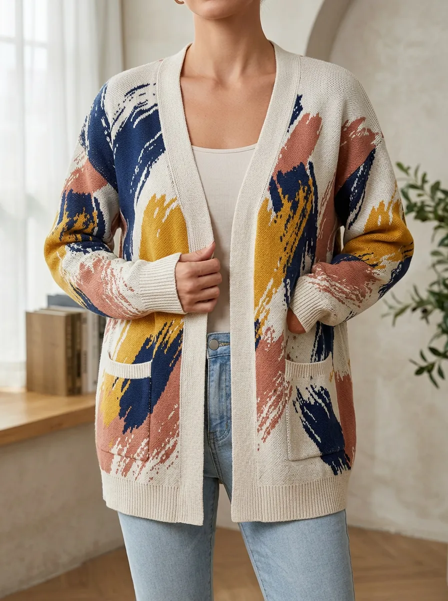 Women's Abstract Brushstroke Pattern Printed Dropped Shoulder Casual Weekend Cardigan