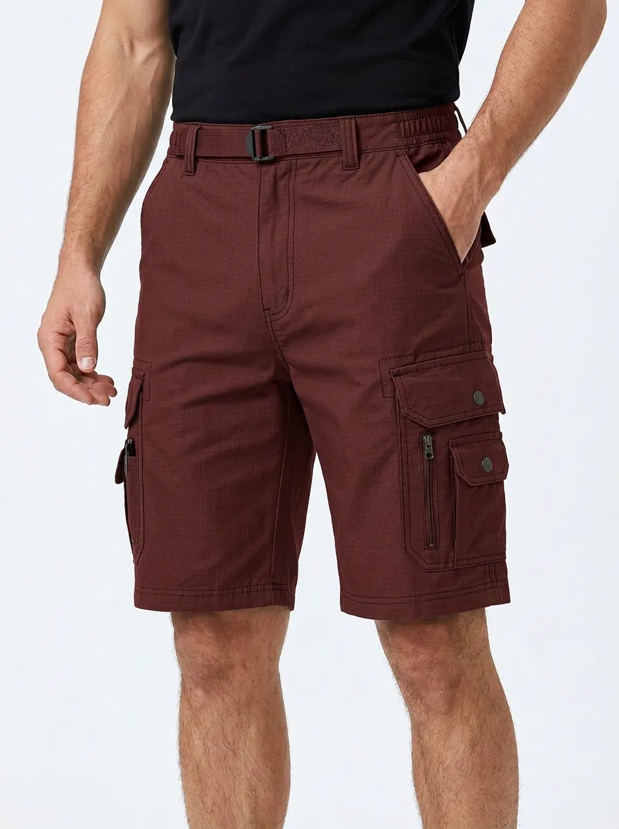Men's Integrated Web Belt Elastic Waist Snap Cargo Pockets Cargo Shorts