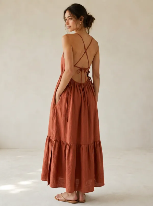 Women's Daywear Casual Tiered Linen Maxi Backless Dress