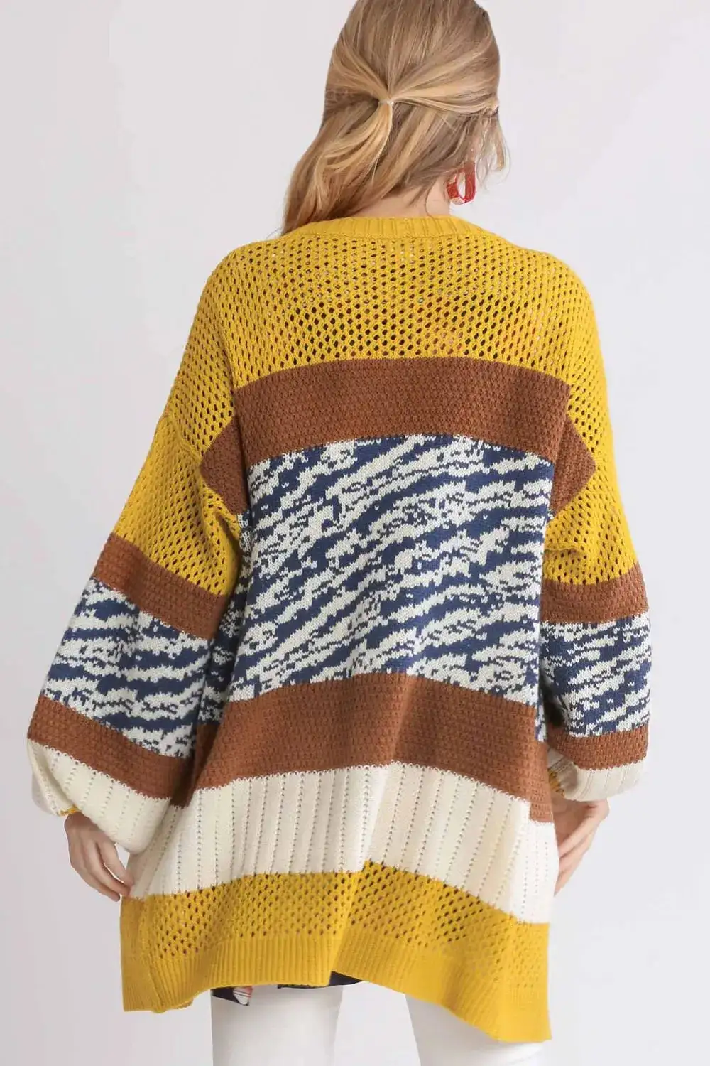Color Block Open Front Longline Ribbed Knit Cardigan