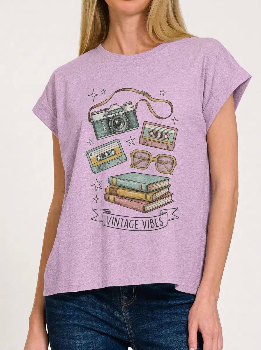 Women's Retro Nostalgia Camera Cassette Books Graphic T-Shirt