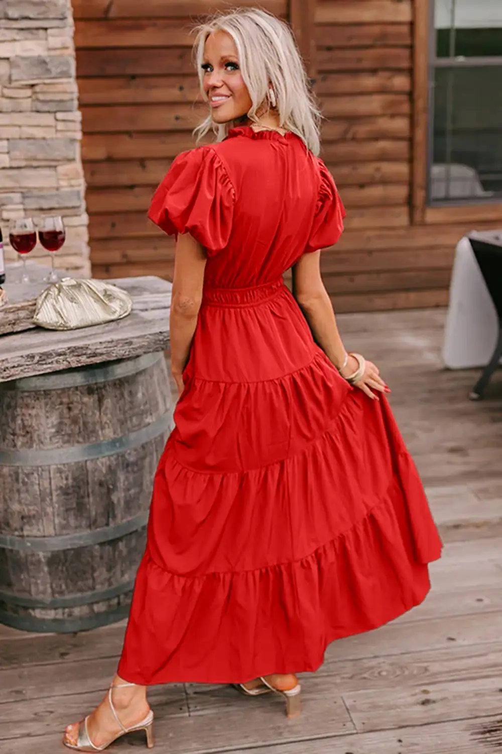 Clean Line V Neck Tiered Puff Sleeve Maxi Dress