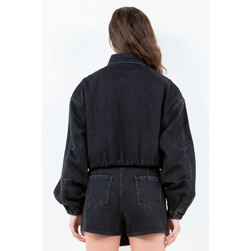 Drawstring Waist Crop Denim Jacket