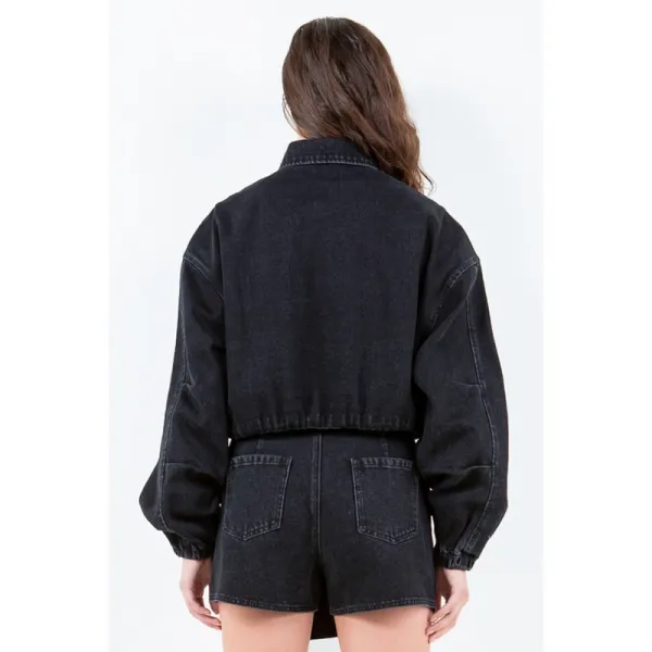 Drawstring Waist Crop Denim Jacket
