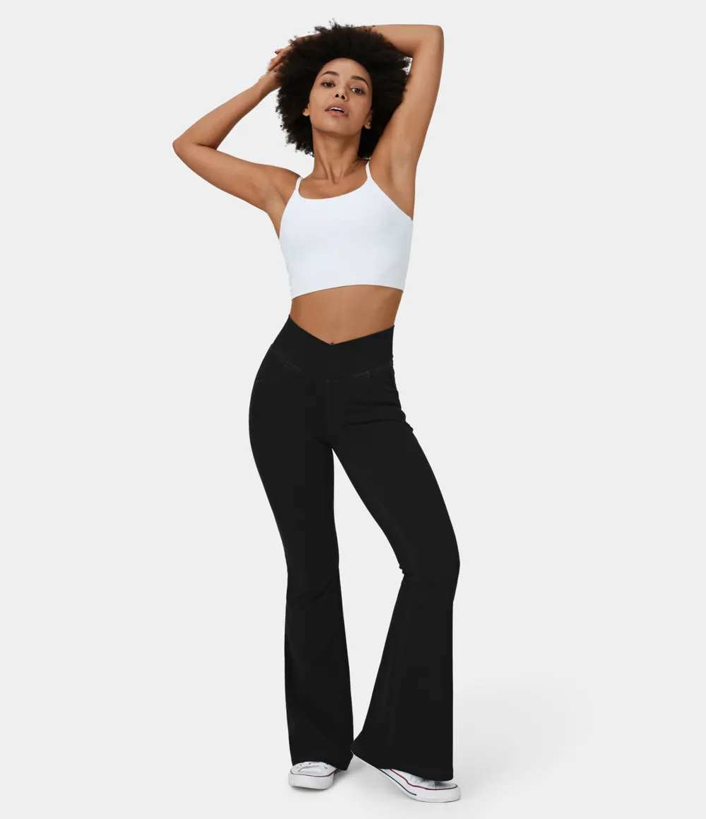 Magic High Waisted Crossover Pocket Cool Touch Washed Stretchy Knit Casual Super Flare Jeans
